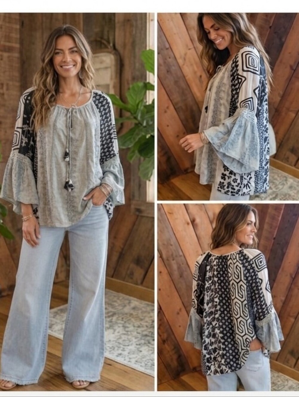 Young Threads Boho  Emroidered Lace-Trim Mixed Print Peasant Top Med Boho Chic